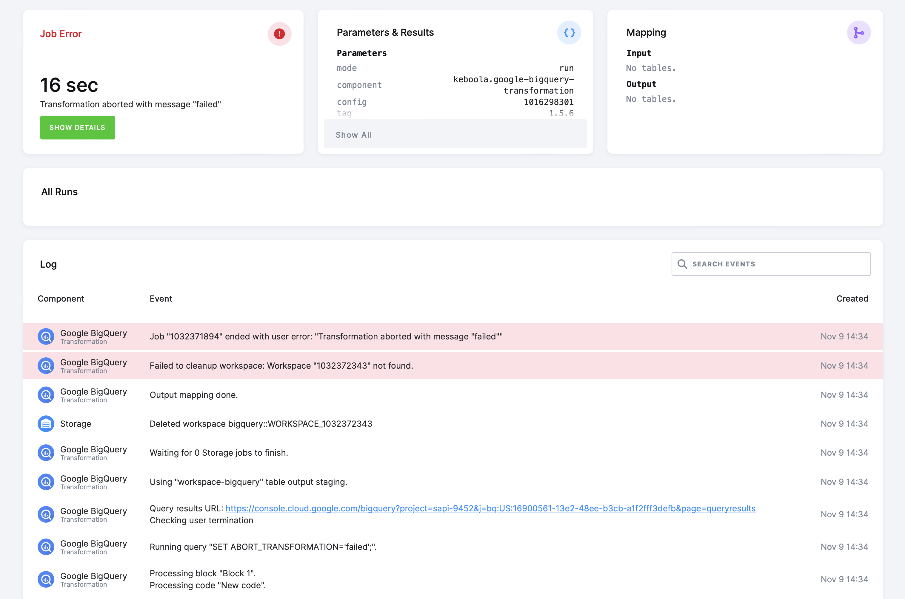 A failed BigQuery job whose event log shows the SET ABORT_TRANSFORMATION query and the "Transformation aborted" user error