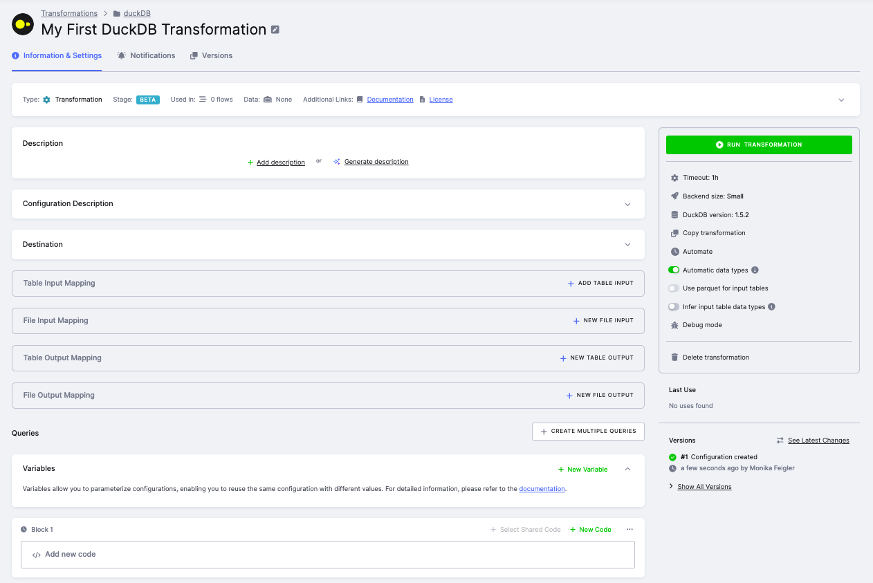 The DuckDB transformation configuration page with the settings panel on the right — Timeout, Backend size, DuckDB version, and the data-type toggles