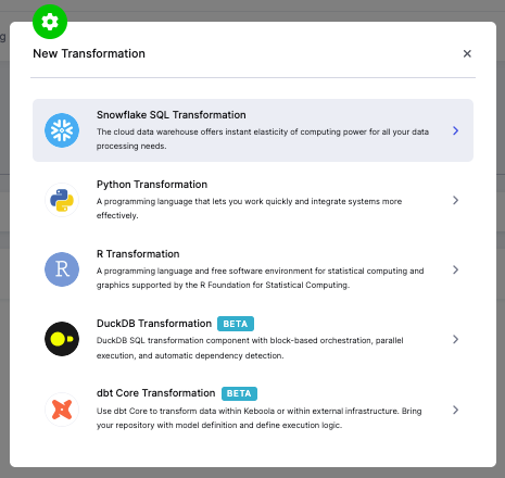 The New Transformation dialog listing the transformation types, including DuckDB Transformation (beta)